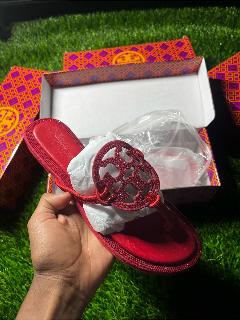 Tory Burch Red Glitter Miller Thong Sandal